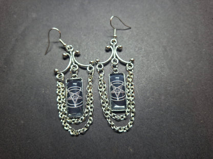 Goth Gothic Witchy Occult "Satanic Chandelier" Stainless Steel rectangle image earrings with chains