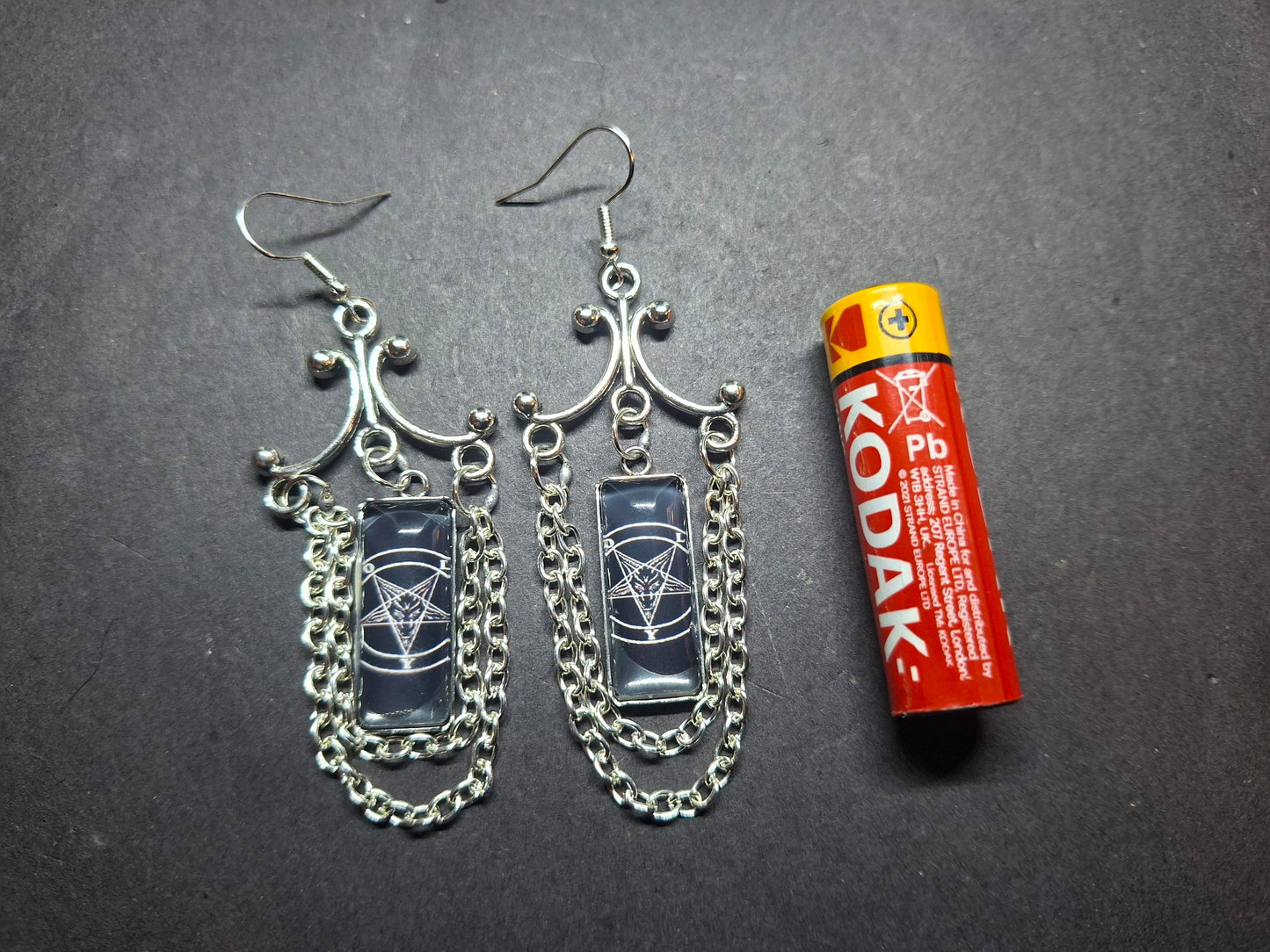Goth Gothic Witchy Occult "Satanic Chandelier" Stainless Steel rectangle image earrings with chains