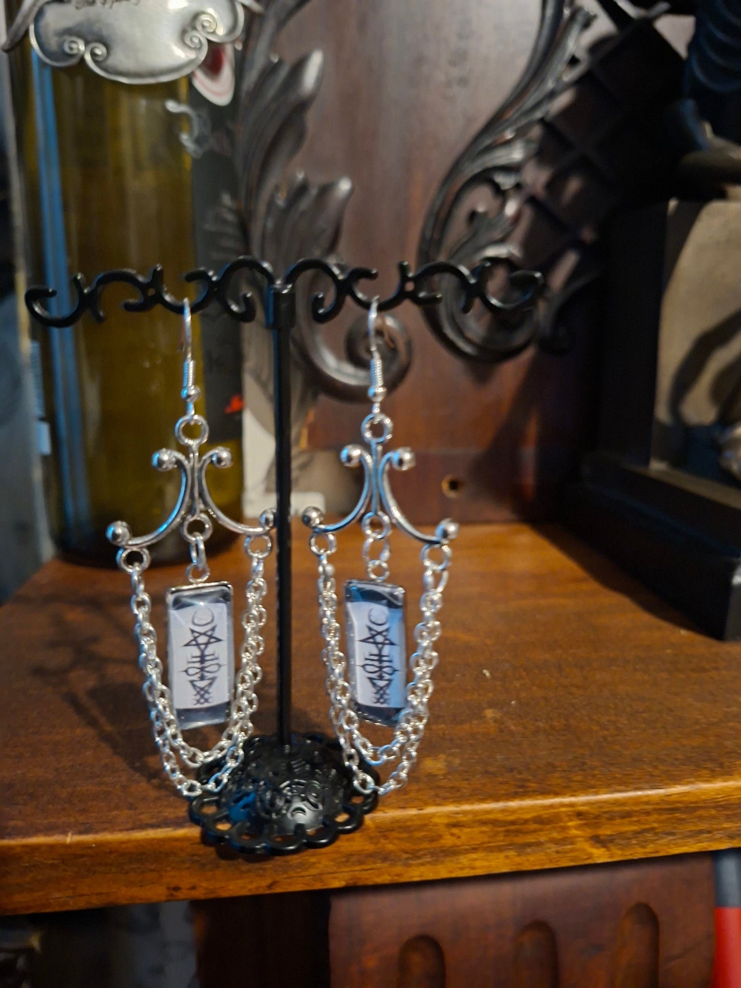 Goth Gothic Witchy Occult "Satanic Chandelier" Stainless Steel rectangle image earrings with chains