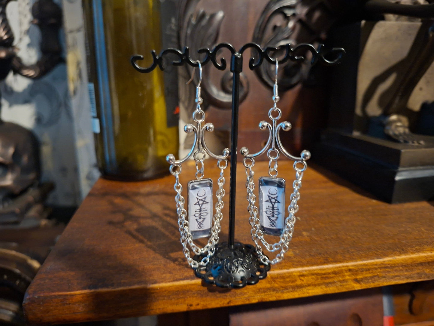 Goth Gothic Witchy Occult "Satanic Chandelier" Stainless Steel rectangle image earrings with chains