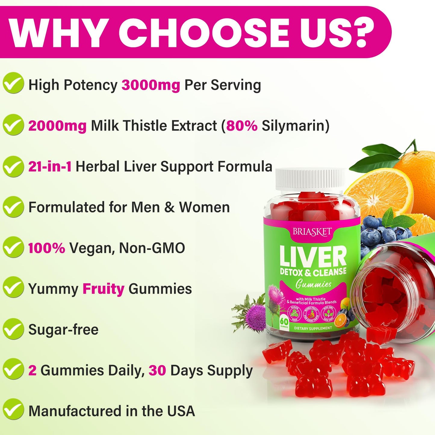 Liver Cleanse Detox Gummies – 2000mg Milk Thistle, 60 Gummies, 23-in-1