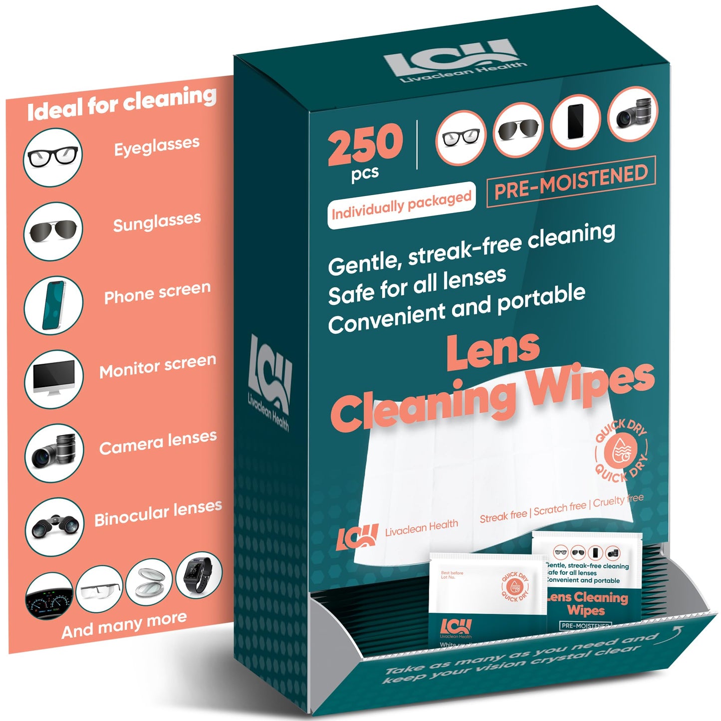250 CT Lens Wipes for Eyeglasses - Pre-Moistened, Individually Wrapped