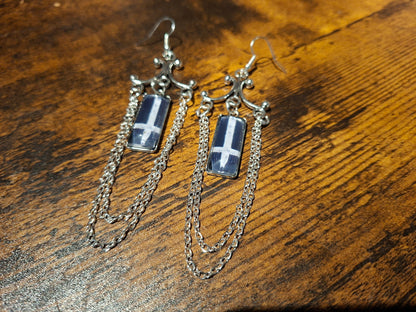 Chandelier earrings" inverted cross image with chains" :Satanic witchy witchcraft goth ritual jewelry