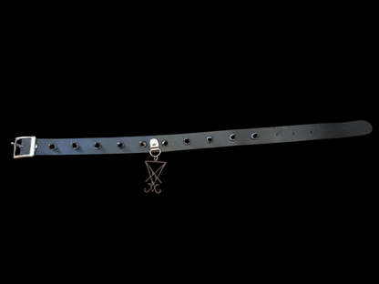 Goth Gothic Witchy fashion Occult satanic Pagan Wicca Black Faux Leather 10 spiked Collar with Black metal sigil of satan