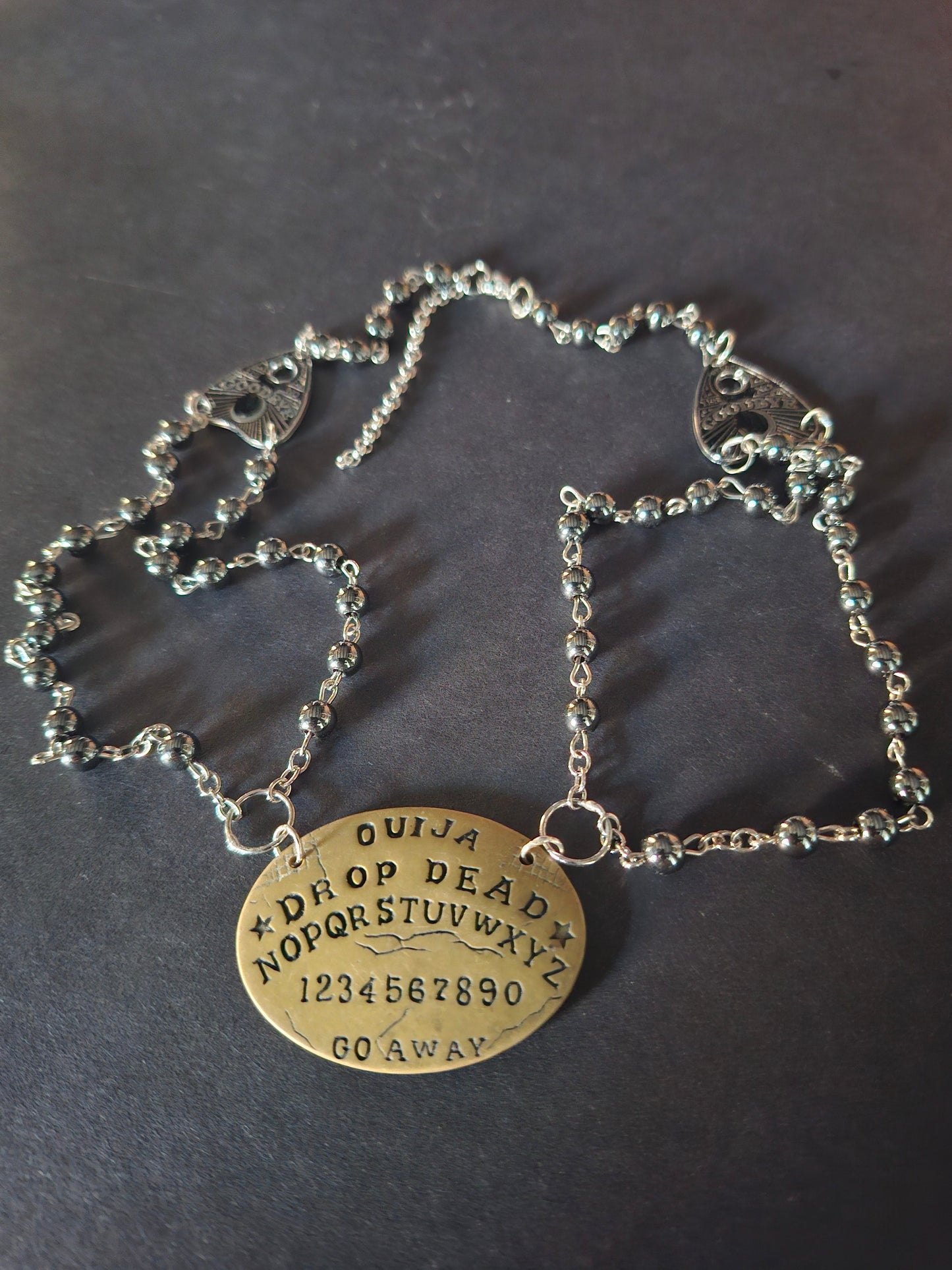black hammerite double layer rosary , Paranormal spirit board,ouija planchette :gothic witchy occult jewelry