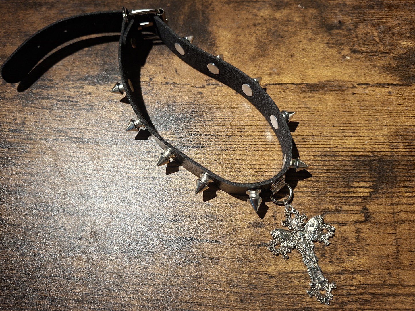 Black Spiked Faux Leather Collar, Ornate Cross with Death Head Moth : Goth Witchy Killstar