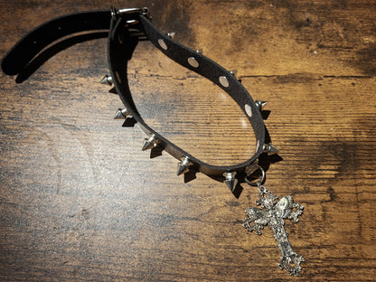 Black Spiked Faux Leather Collar, Ornate Cross with Death Head Moth : Goth Witchy Killstar