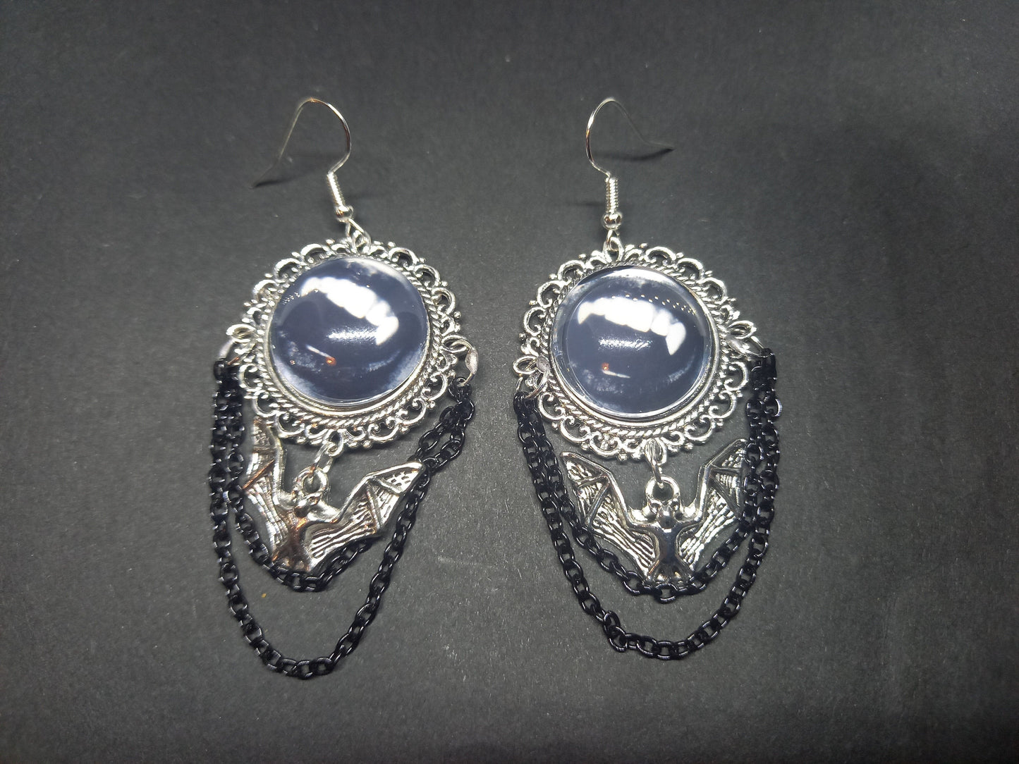 Goth Gothic Witchy Killstar Vampire " FANGS" deluxe ornate earrings with bat charm And chains