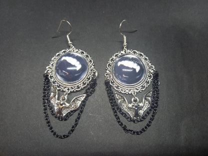 Goth Gothic Witchy Killstar Vampire " FANGS" deluxe ornate earrings with bat charm And chains