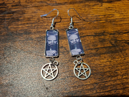 Stainless Steel rectangle image earrings, Satanic Anton LaVey inspired with inverted pentagram