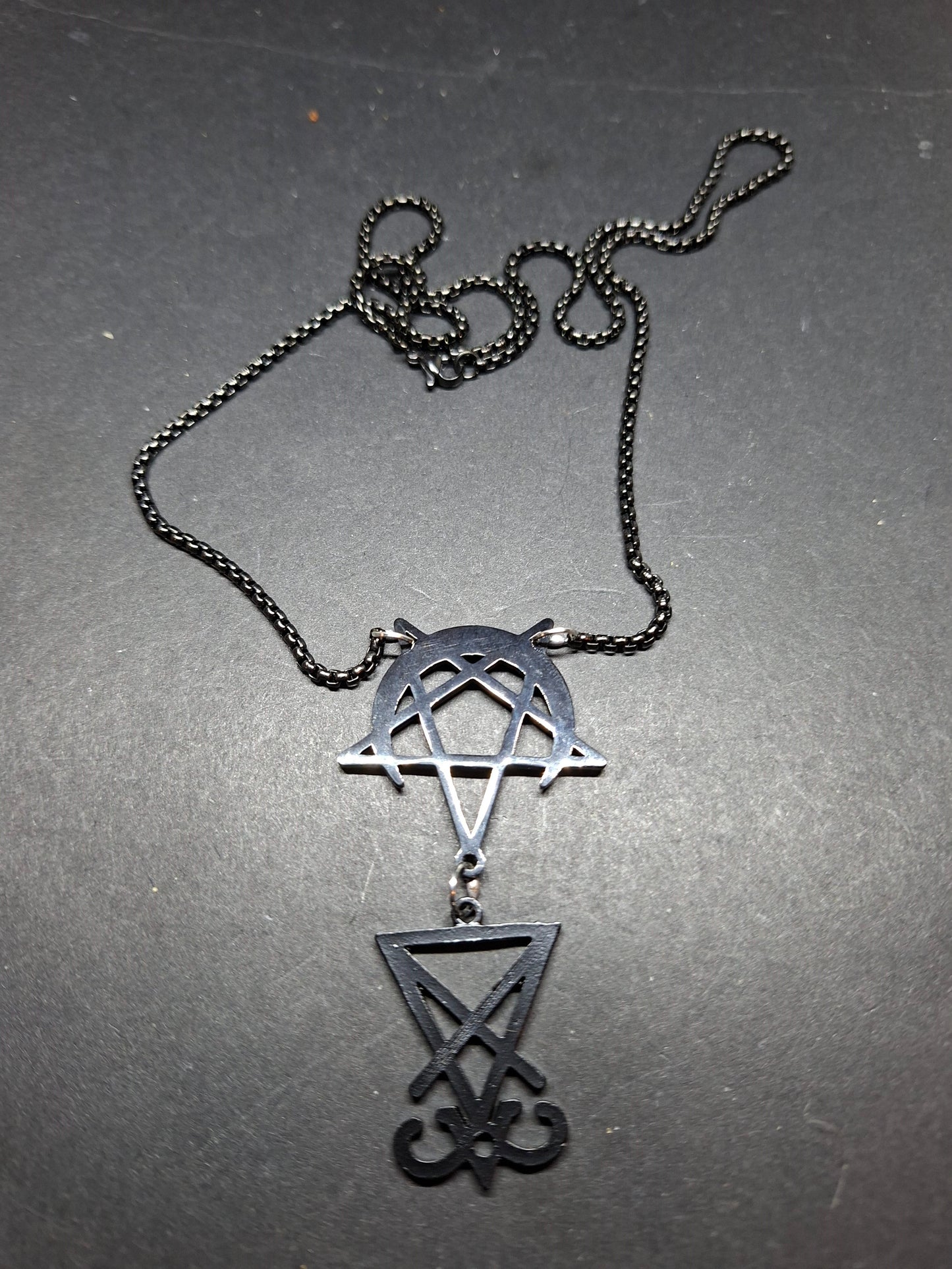 Sigil of Satan, inverted pentagram in crescent moon Black Stainless Steel necklace ,witchy Occult satanic