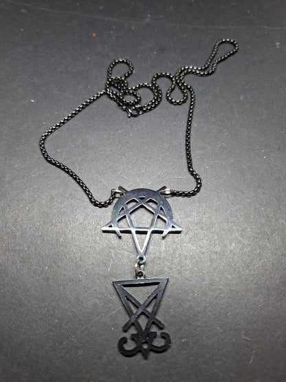 Sigil of Satan, inverted pentagram in crescent moon Black Stainless Steel necklace ,witchy Occult satanic