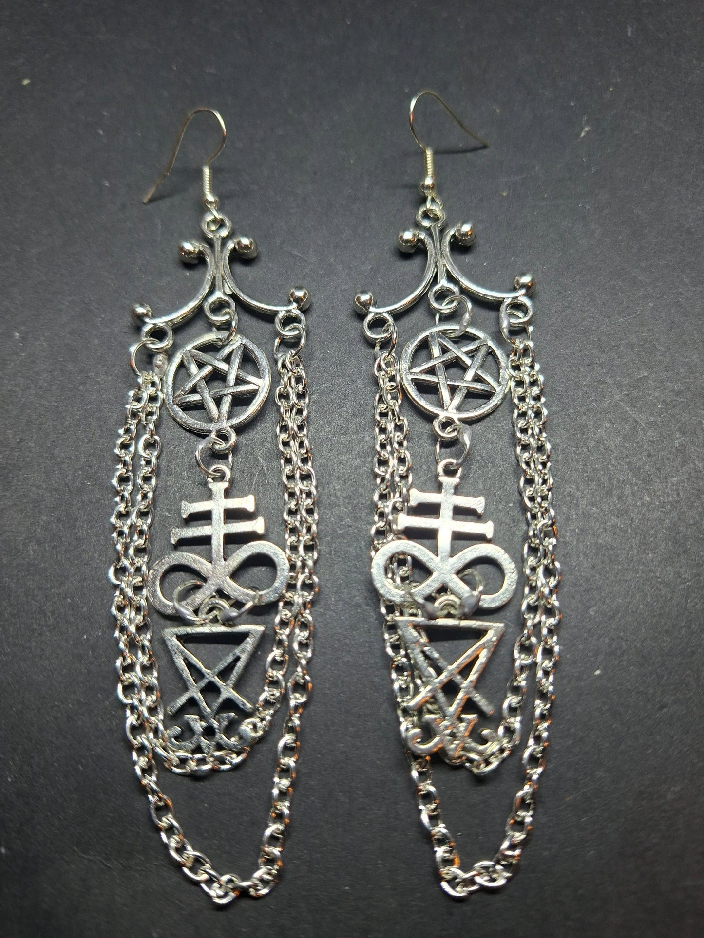 Oddity Curiosity Goth Gothic Witchy witchcraft occult satanic "Chandelier" satanic trinity with chains earrings