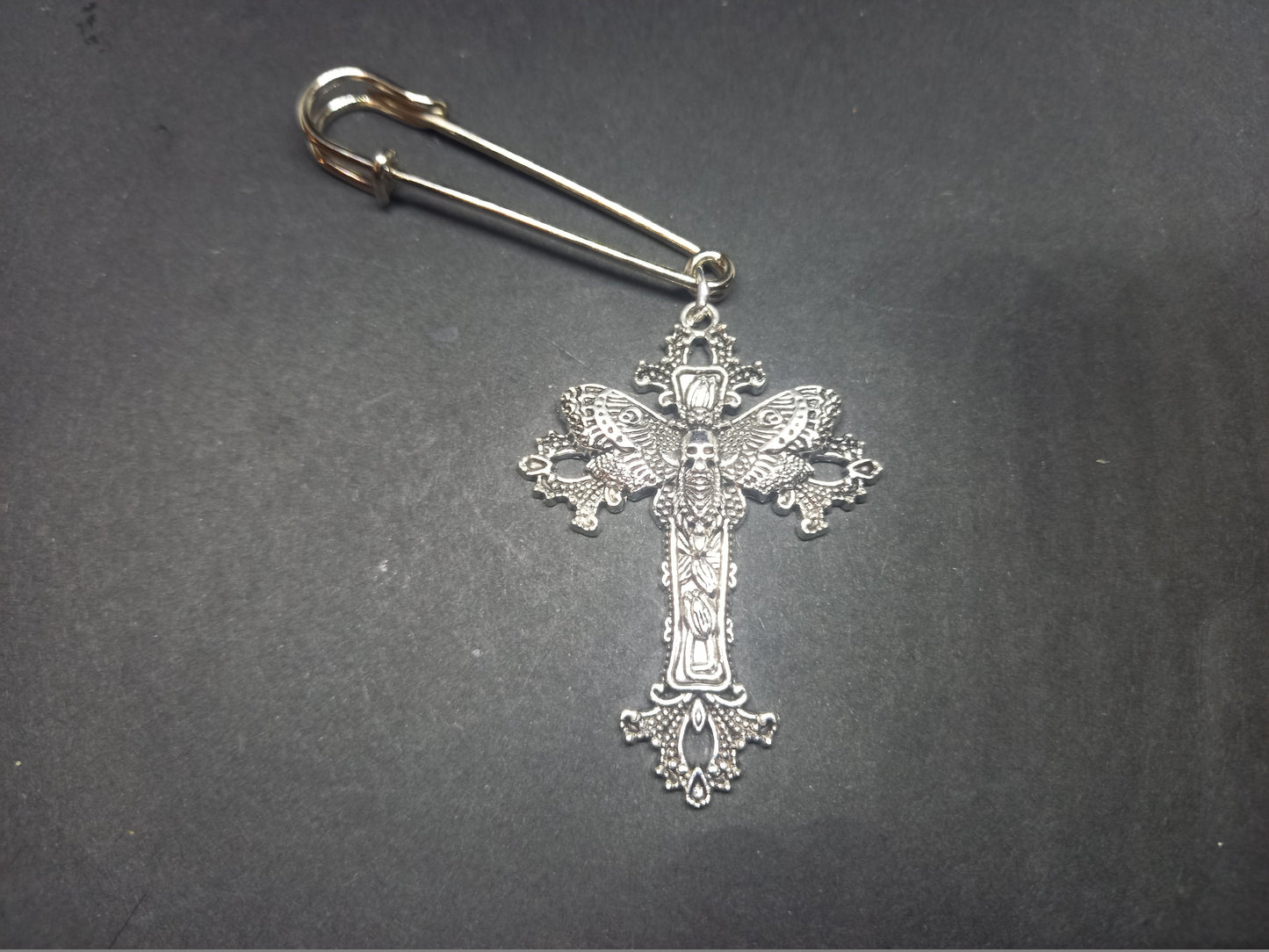 Goth Gothic Witchy Witch Killstar "Death Head Moth in ornate cross" kilt pin brooch