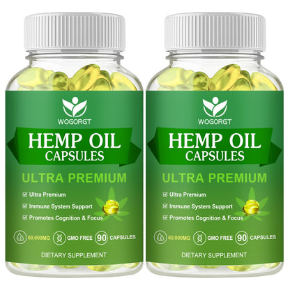 (2Pack) Hemp Oil Capsules – 60,000 Max Strength, Immune Support, Focus & Calm, Relaxation, Mood, Rich in Omega 3-6-9, 90 Capsules
