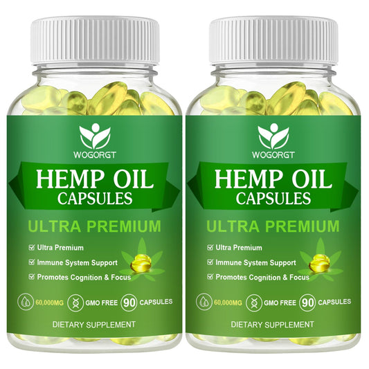(2Pack) Hemp Oil Capsules – 60,000 Max Strength, Immune Support, Focus & Calm, Relaxation, Mood, Rich in Omega 3-6-9, 90 Capsules