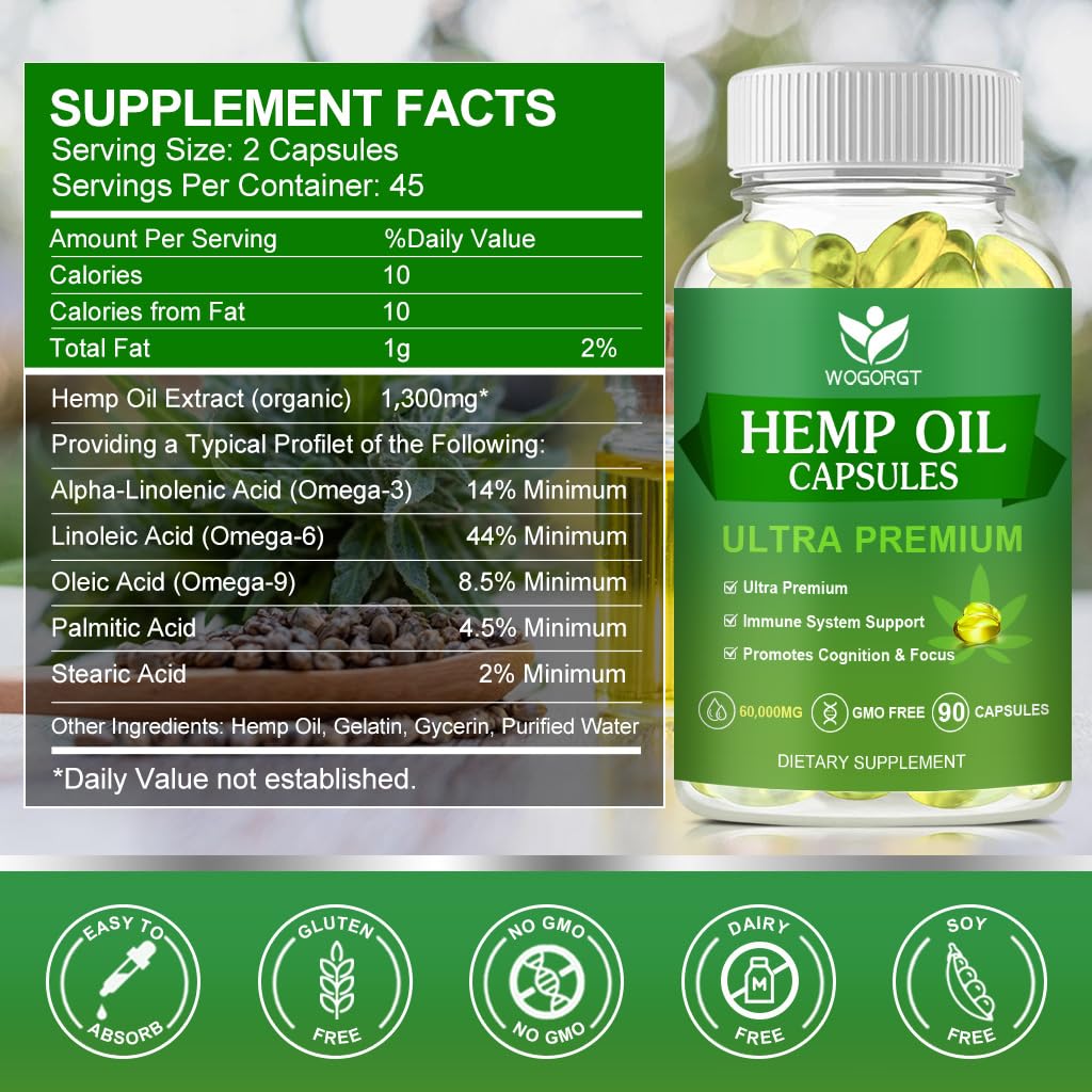 (2Pack) Hemp Oil Capsules – 60,000 Max Strength, Immune Support, Focus & Calm, Relaxation, Mood, Rich in Omega 3-6-9, 90 Capsules
