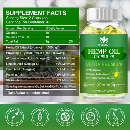 (2Pack) Hemp Oil Capsules – 60,000 Max Strength, Immune Support, Focus & Calm, Relaxation, Mood, Rich in Omega 3-6-9, 90 Capsules