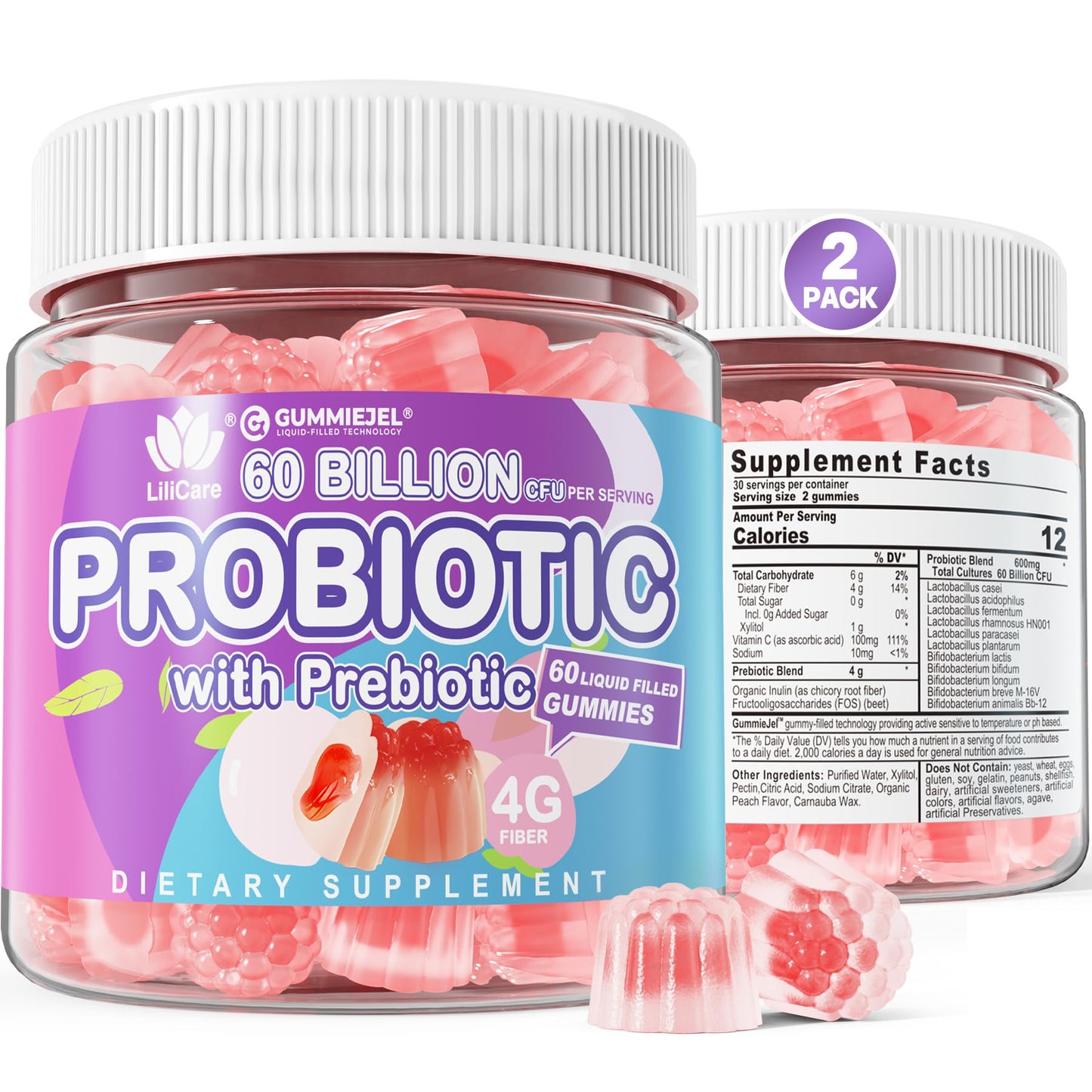 EnvyDeal Probiotic Gummies for Women & Men — 60B CFU, 11 Strains, Sugar Free, Peach, Vegan, 120 Count