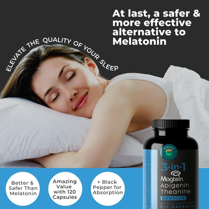 Eleva Nutrition Magnesium Theanine Apigenin Sleep Aid – 3-in-1 Complex, Melatonin-Free, Gluten Free & Non-GMO, 120 Veggie Capsules