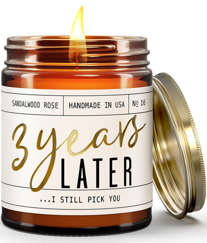 3 Year Anniversary Gift for Her – 3 Years Later Candle, Sandalwood Rose (USA Made)
