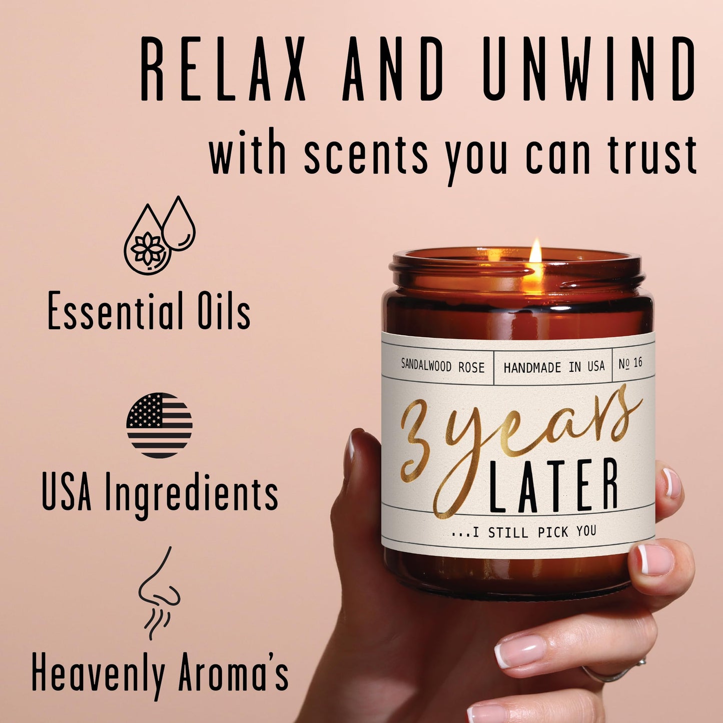 3 Year Anniversary Gift for Her – 3 Years Later Candle, Sandalwood Rose (USA Made)