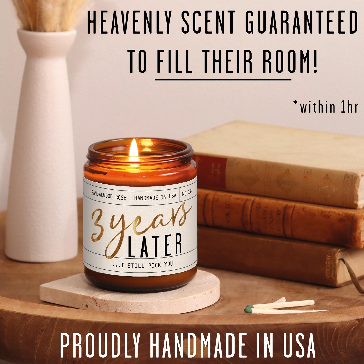 3 Year Anniversary Gift for Her – 3 Years Later Candle, Sandalwood Rose (USA Made)