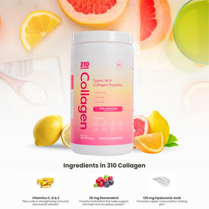 Hydrolyzed Collagen Peptides Powder – Grass-Fed with Vitamins C/D/E, Hyaluronic Acid & Resveratrol | Pink Lemonade 30 Servings