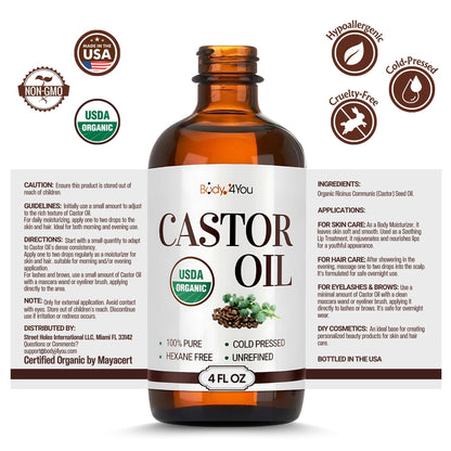 32PC Castor Oil Patch Set – Organic Cold-Pressed Castor Oil, 4 oz in Amber Glass Bottle