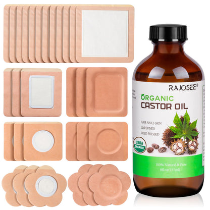 32Pcs Castor Oil Pack Set – Organic Cold-Pressed Castor Oil (8oz) Glass Bottle