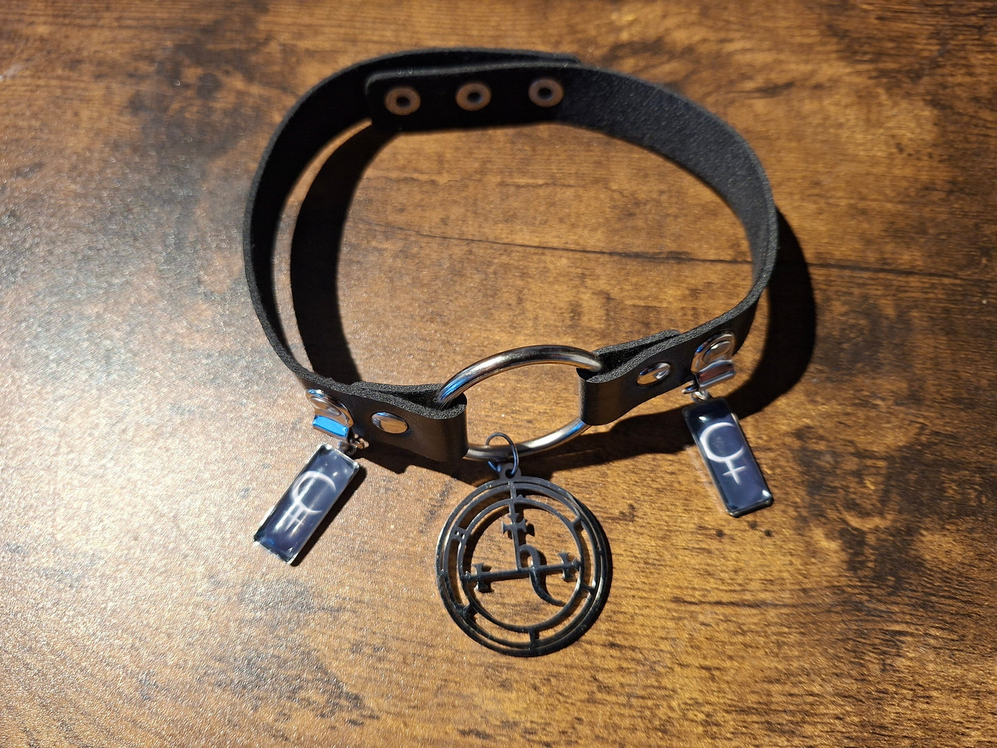 Symbol & Sigil of Lilith UNISEX Black Faux Leather O Ring Collar 2 : Goth Witchy