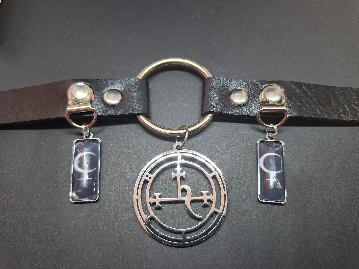 Symbol & Sigil of Lilith UNISEX Black Faux Leather O Ring Collar 2 : Goth Witchy
