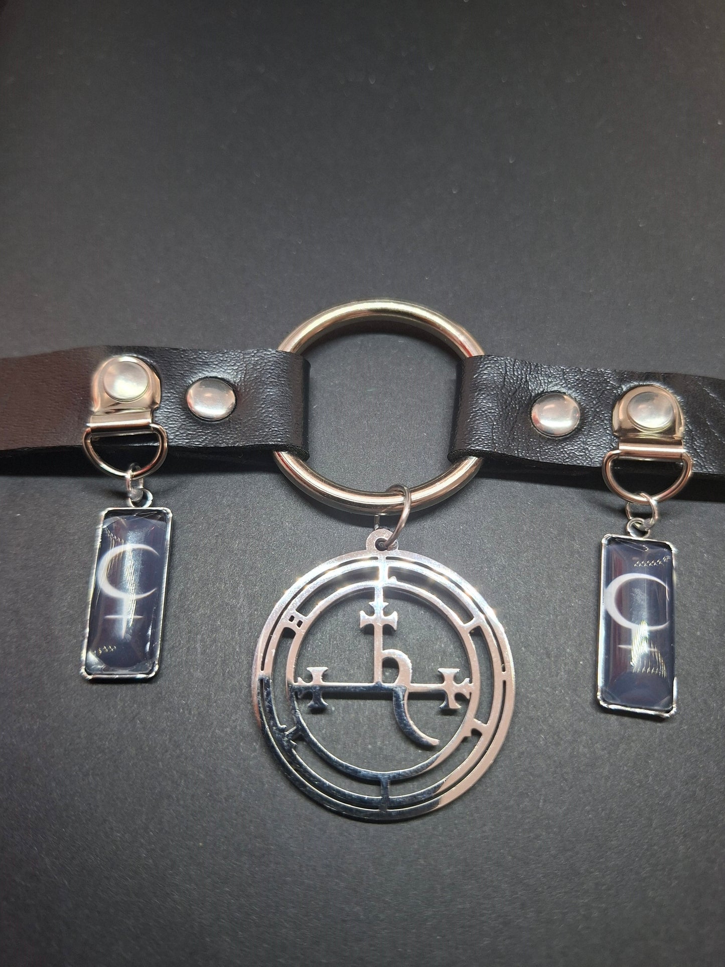 Symbol & Sigil of Lilith UNISEX Black Faux Leather O Ring Collar 2 : Goth Witchy