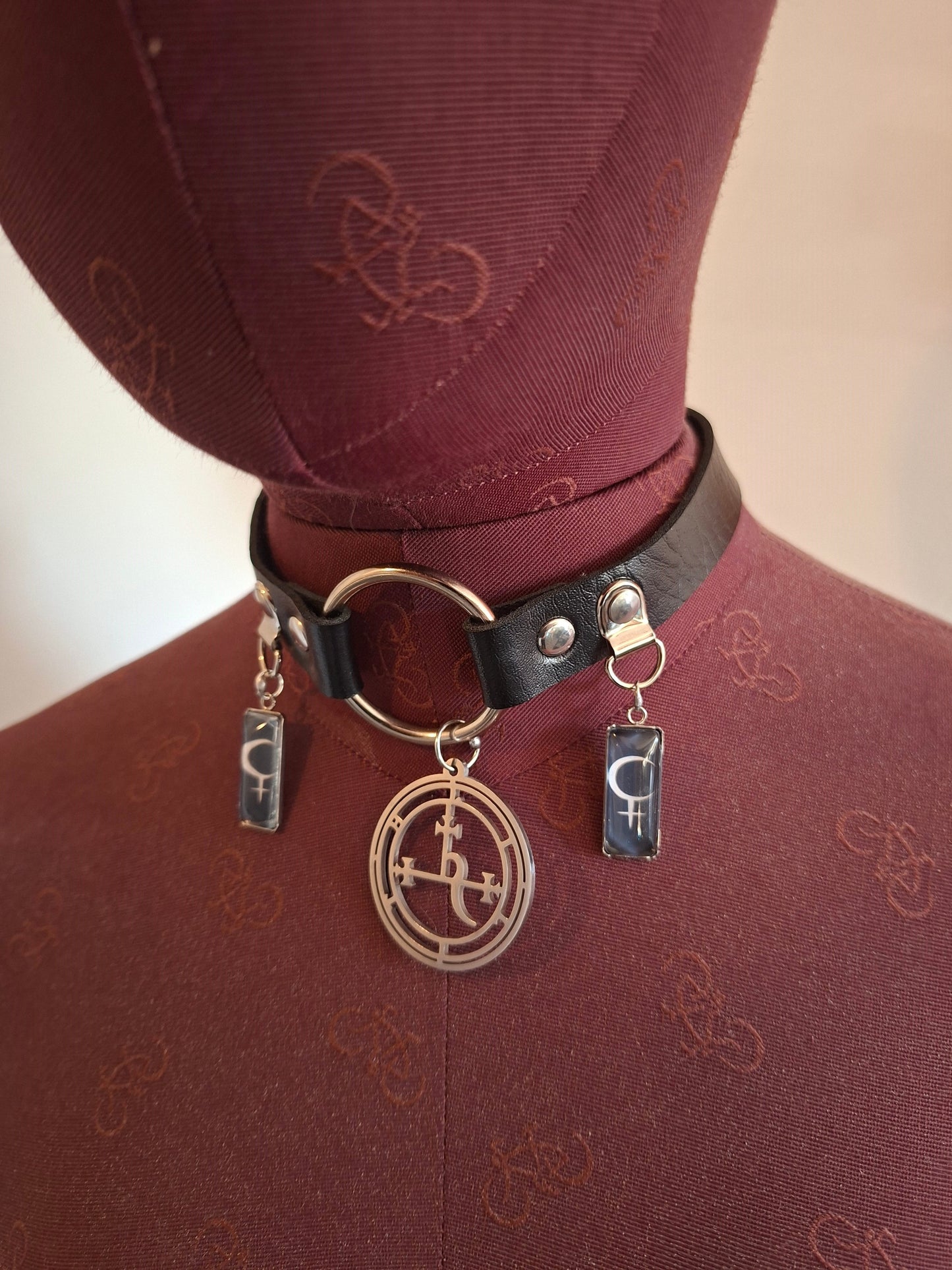 Symbol & Sigil of Lilith UNISEX Black Faux Leather O Ring Collar 2 : Goth Witchy