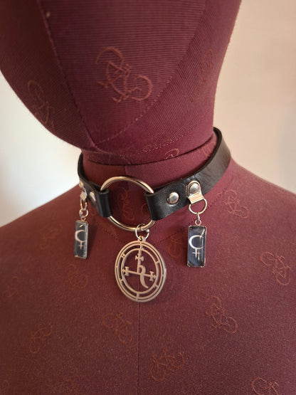 Symbol & Sigil of Lilith UNISEX Black Faux Leather O Ring Collar 2 : Goth Witchy