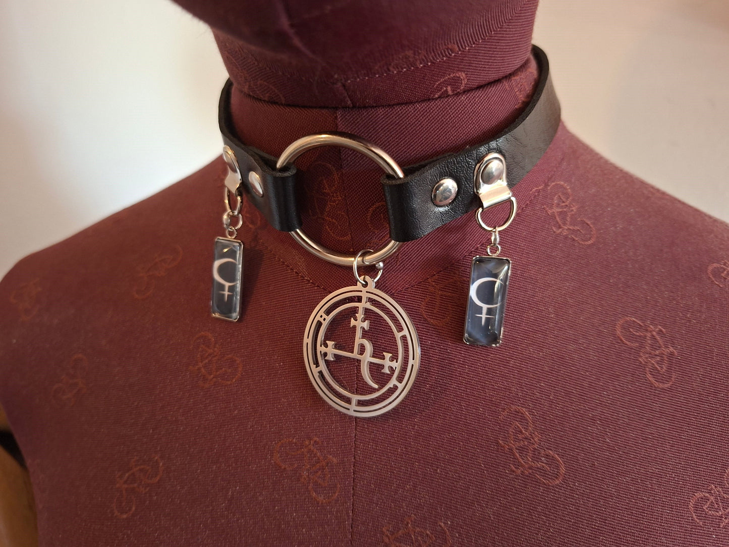 Symbol & Sigil of Lilith UNISEX Black Faux Leather O Ring Collar 2 : Goth Witchy