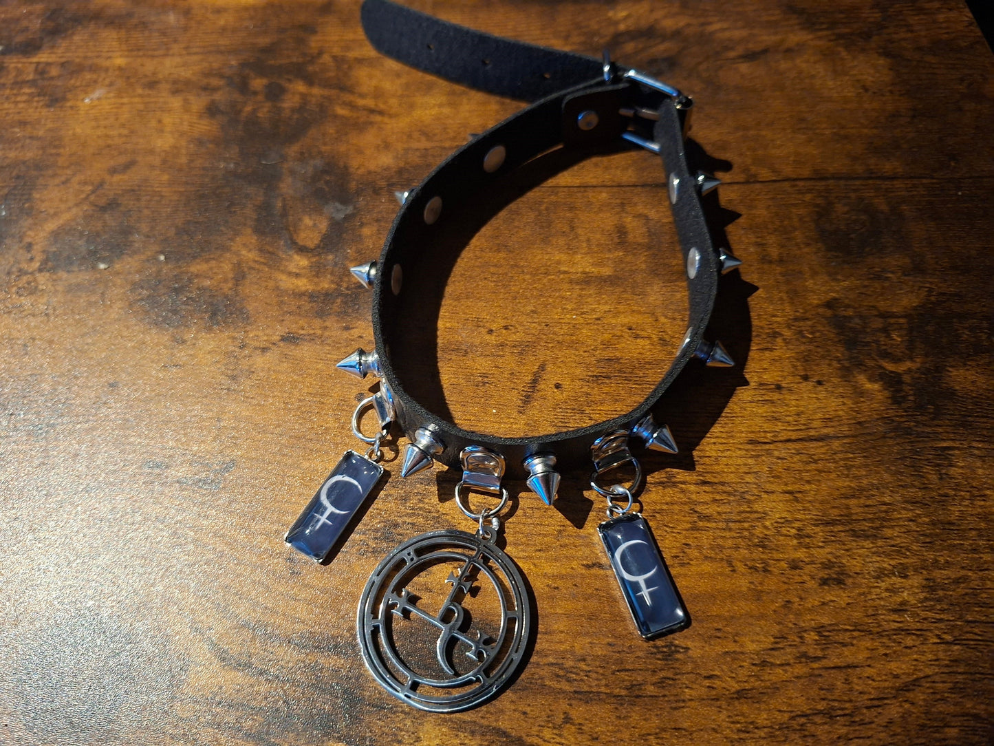 Stainless steel sigil & Symbol of Lilith Black Faux Leather Spiked Collar 2 : Goth Witchy Killstar