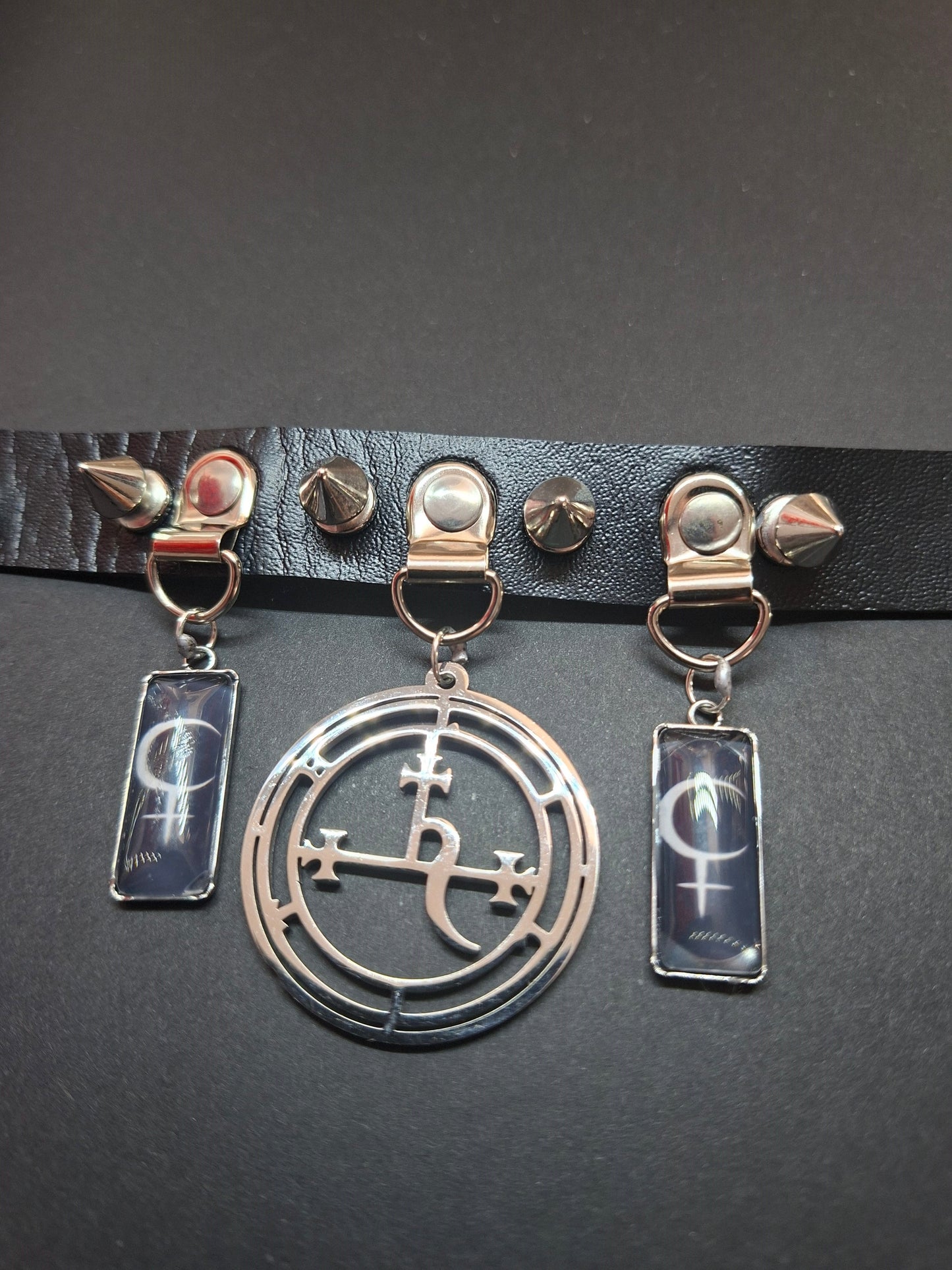 Stainless steel sigil & Symbol of Lilith Black Faux Leather Spiked Collar 2 : Goth Witchy Killstar