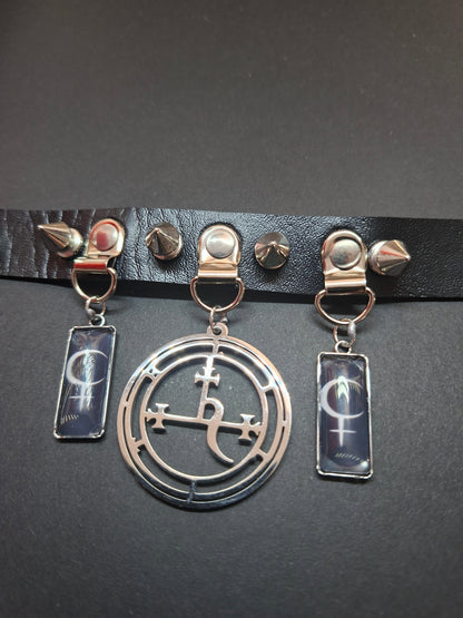 Stainless steel sigil & Symbol of Lilith Black Faux Leather Spiked Collar 2 : Goth Witchy Killstar