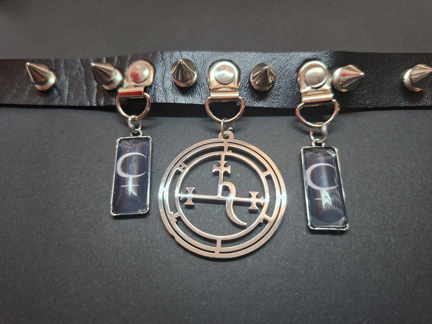Stainless steel sigil & Symbol of Lilith Black Faux Leather Spiked Collar 2 : Goth Witchy Killstar