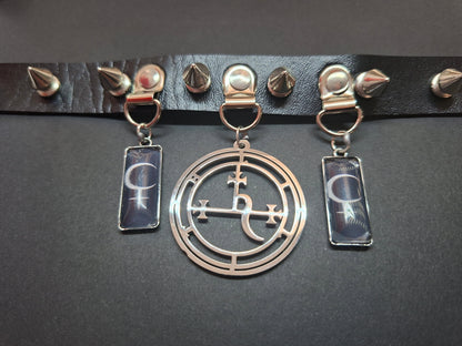 Stainless steel sigil & Symbol of Lilith Black Faux Leather Spiked Collar 2 : Goth Witchy Killstar
