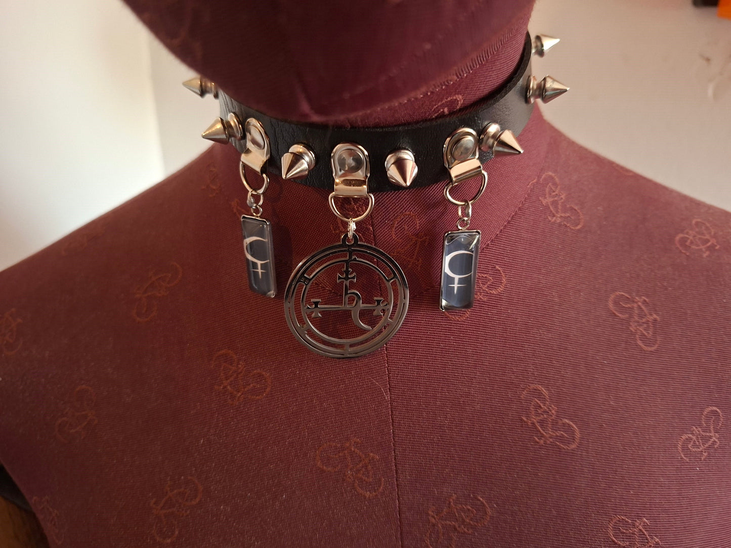Stainless steel sigil & Symbol of Lilith Black Faux Leather Spiked Collar 2 : Goth Witchy Killstar