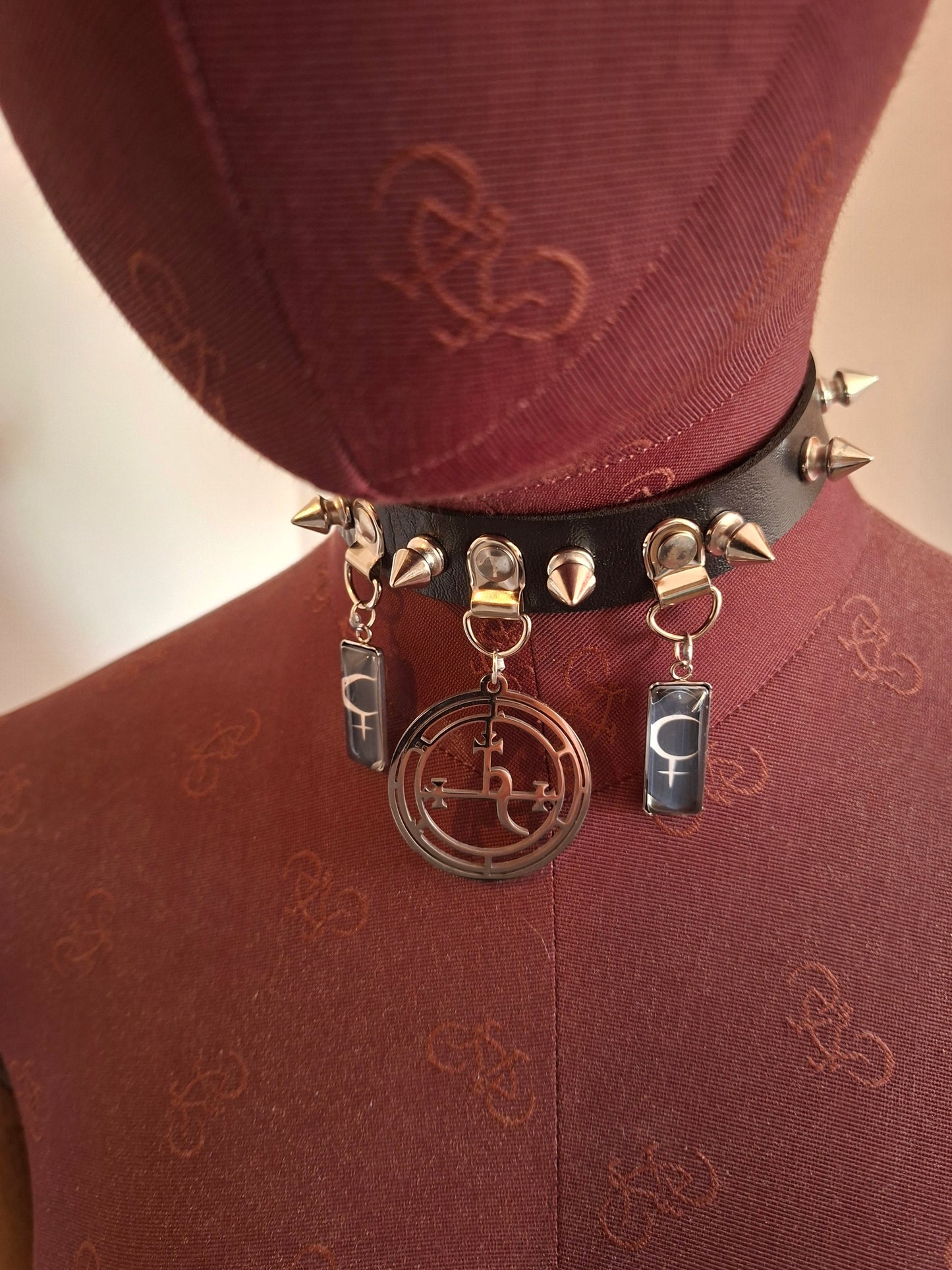 Stainless steel sigil & Symbol of Lilith Black Faux Leather Spiked Collar 2 : Goth Witchy Killstar