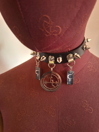 Stainless steel sigil & Symbol of Lilith Black Faux Leather Spiked Collar 2 : Goth Witchy Killstar