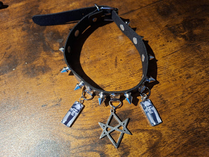 Spiked Black Faux Leather Collar, Aleister Crowley inspired "Unicursal Hexagram" 2 : Goth Witchy Occult