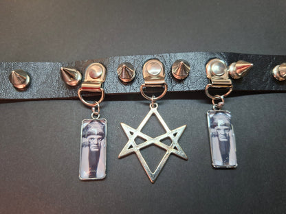 Spiked Black Faux Leather Collar, Aleister Crowley inspired "Unicursal Hexagram" 2 : Goth Witchy Occult