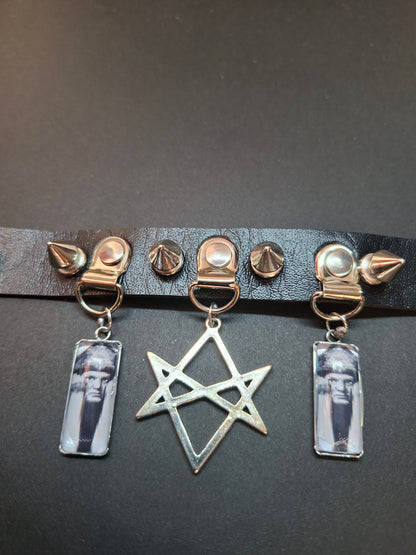 Spiked Black Faux Leather Collar, Aleister Crowley inspired "Unicursal Hexagram" 2 : Goth Witchy Occult