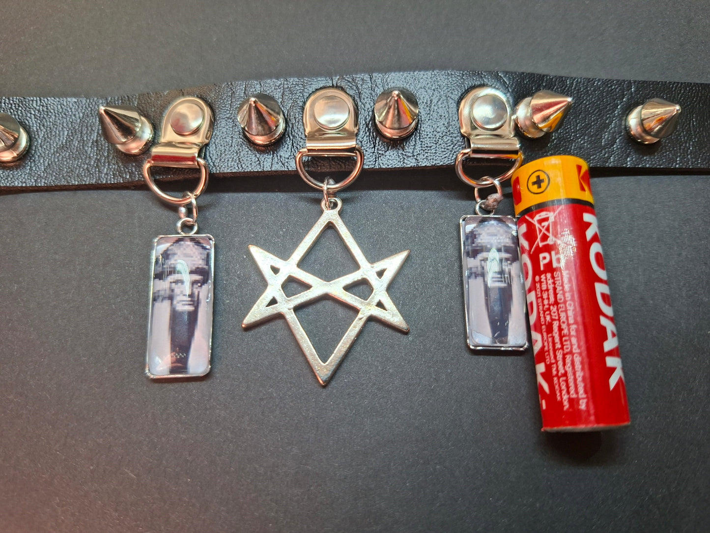 Spiked Black Faux Leather Collar, Aleister Crowley inspired "Unicursal Hexagram" 2 : Goth Witchy Occult