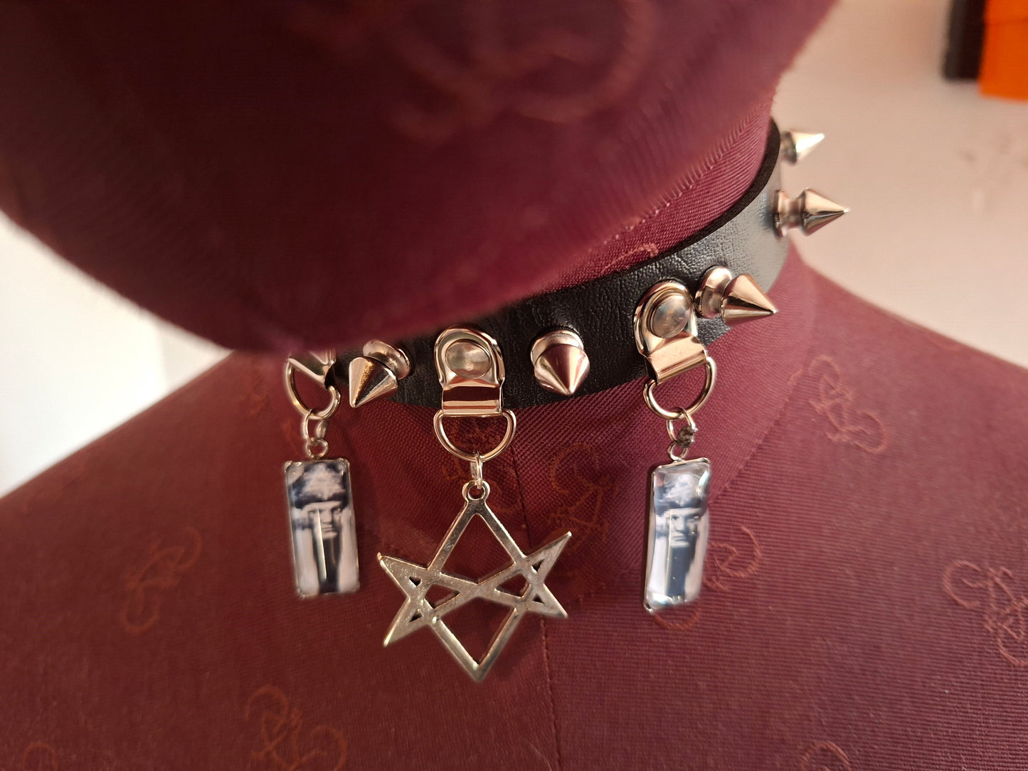 Spiked Black Faux Leather Collar, Aleister Crowley inspired "Unicursal Hexagram" 2 : Goth Witchy Occult