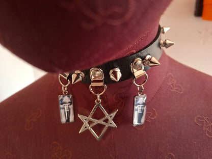 Spiked Black Faux Leather Collar, Aleister Crowley inspired "Unicursal Hexagram" 2 : Goth Witchy Occult